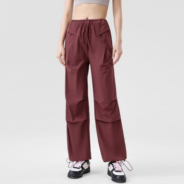 POKU-Drawstring Waist Plain Loose Fit Cargo Pants