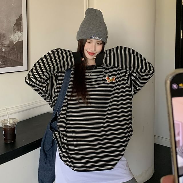 POKU-Long-Sleeve Crew Neck Striped Tee