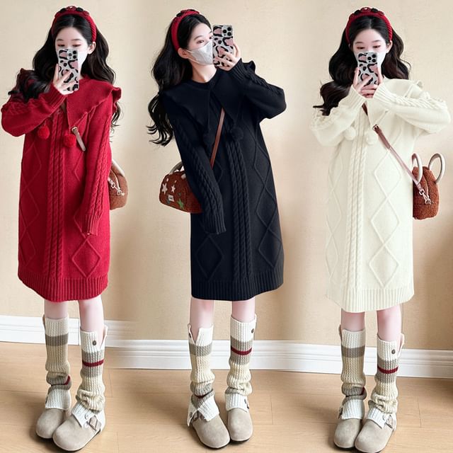 POKU-Maternity Collared Plain Sweater Dress