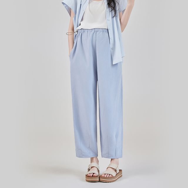 POKU-Maternity Drawstring Waist Plain Cropped Harem Pants
