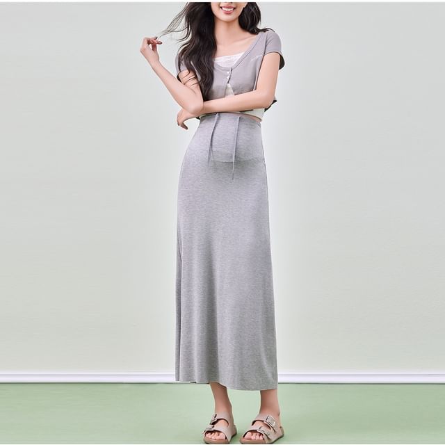 POKU-Maternity Drawstring Waist Plain Midi A-Line Skirt