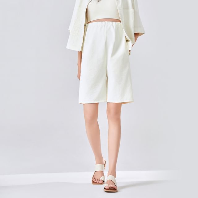 POKU-Maternity Drawstring Waist Plain Shorts