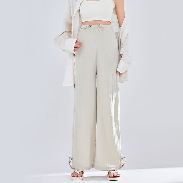 POKU-Maternity Drawstring Waist Plain Wide Leg Pants