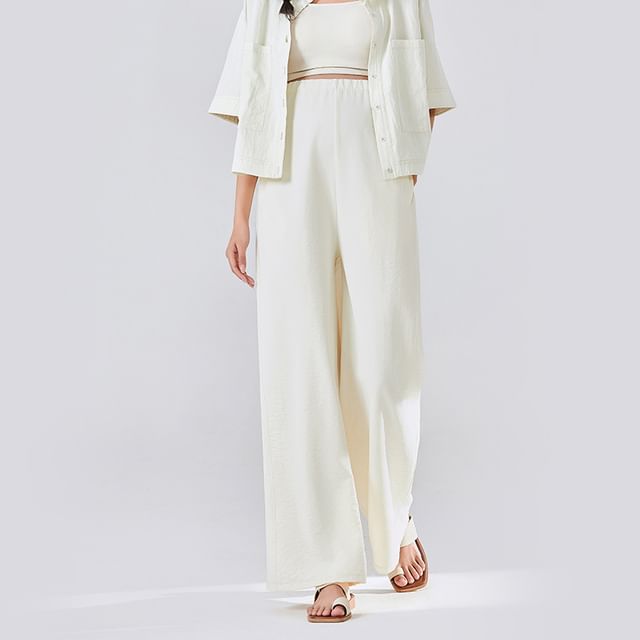 POKU-Maternity Drawstring Waist Plain Wide Leg Pants