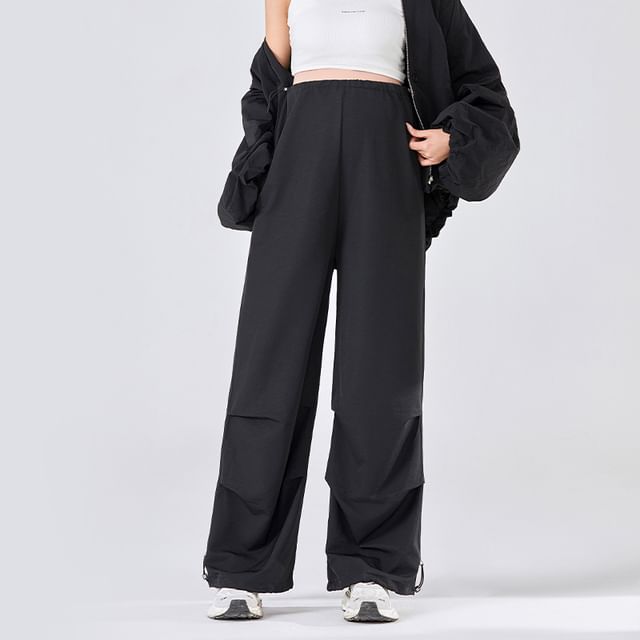 POKU-Maternity Drawstring Waist Plain Wide Leg Pants