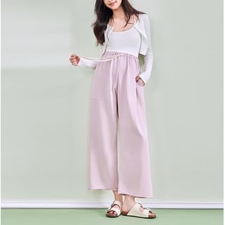POKU-Maternity Drawstring Waist Plain Wide Leg Pants