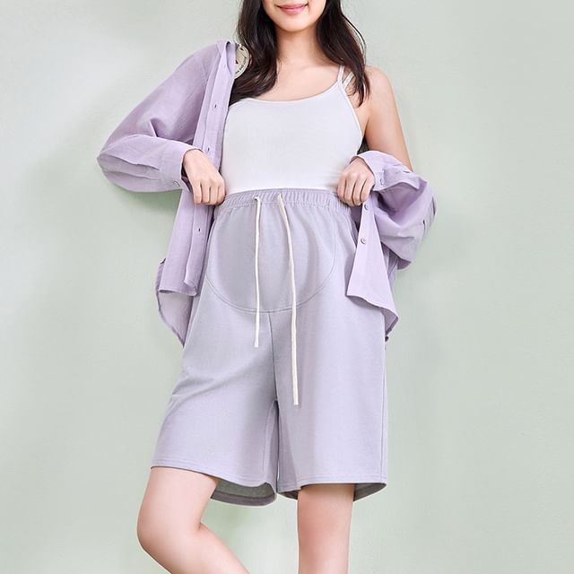 POKU-Maternity Drawstring Waist Plain Wide Leg Shorts