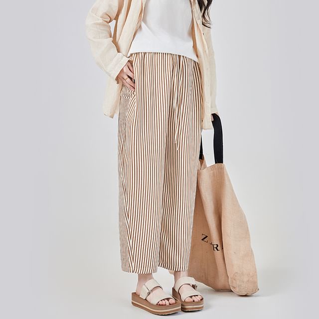 POKU-Maternity Drawstring Waist Striped Cropped Harem Pants