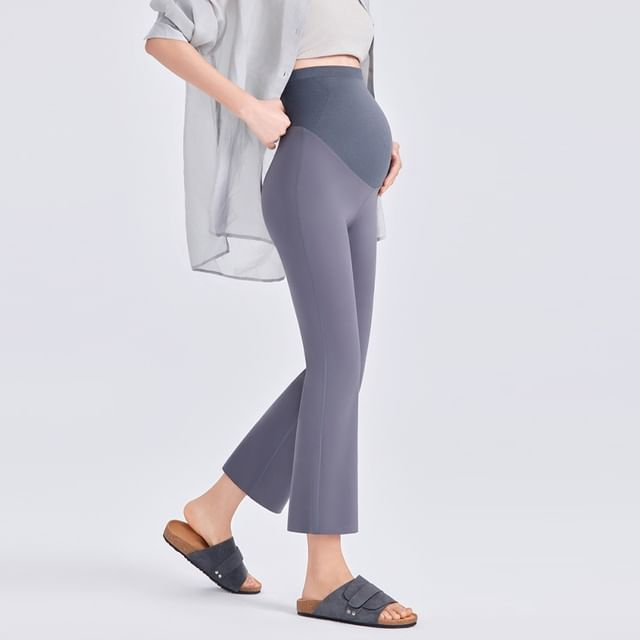 POKU-Maternity Elastic Waist Plain Cropped Flared Pants
