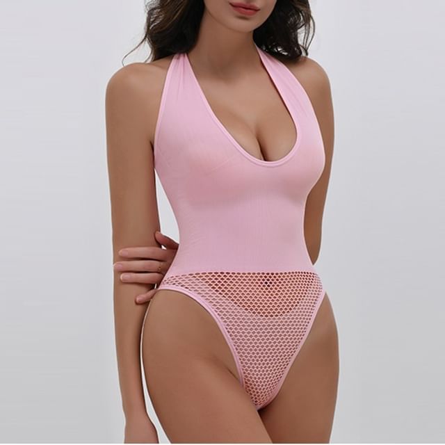 POKU-Maternity Halter Neck Plain Perforated Open Back Bodysuit