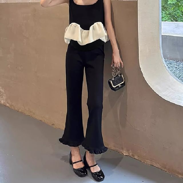 POKU-Maternity High Waist Plain Ruffle Trim Flared Pants