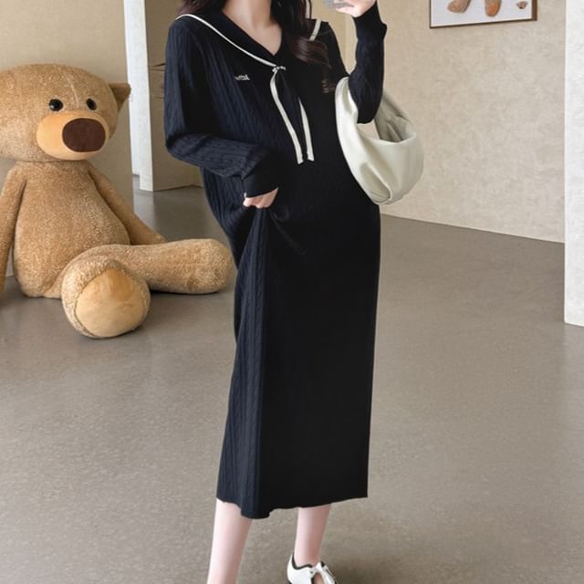 POKU - Maternity Long-Sleeve Collared Cable Knit Midi Bodycon Dress
