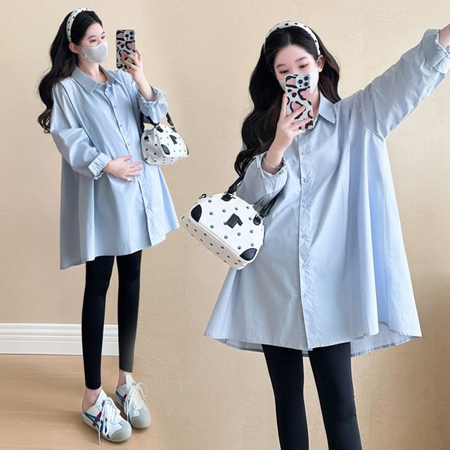 POKU-Maternity Long Sleeve Collared Plain Shirt