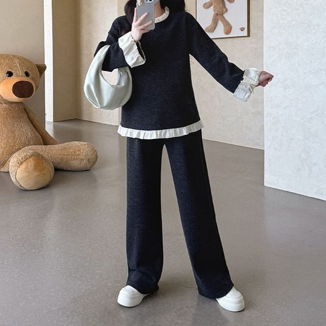 POKU-Maternity Set Crew Neck Ruffle Trim Pullover High Waist Plain Wide Leg Pants