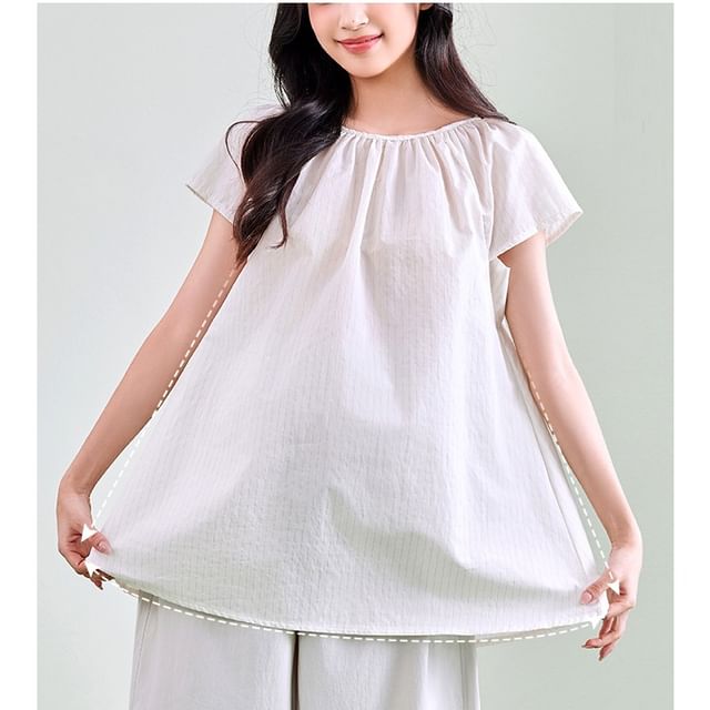 POKU-Maternity Short Sleeve Round Neck Plain Gathered Top