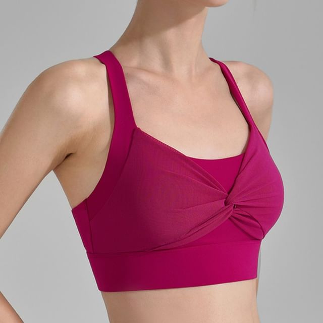 POKU-Plain Mesh Panel Open Back Sports Bra