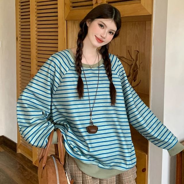 POKU-Round Neck Striped Fleece-Lined Pullover