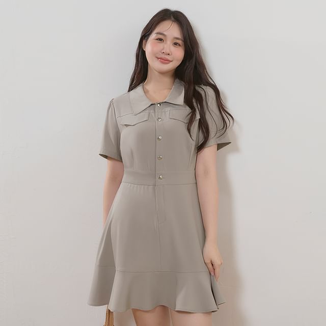 Poly Lulu - [L - 3XL] Collared Ruffle Trim Short-Sleeve Mini A-Line ...