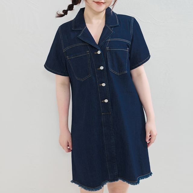 Poly Lulu - [L - 4XL] Camp Collar Denim Fringed Hem Short-Sleeve Mini A-Line Dress