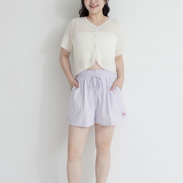 Poly Lulu-Plus Size Short-Sleeve V-Neck Plain Button Up Knit Top
