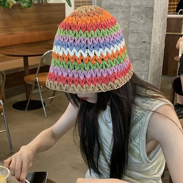 Pompabee-Color Block Straw Bucket Hat