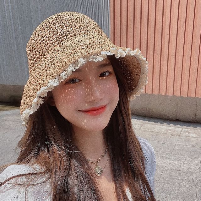 Pompabee-Lace Trim Straw Bucket Hat