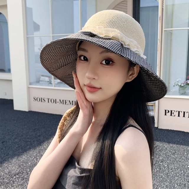 Pompabee-Plaid Panel Ruffle Sun Hat
