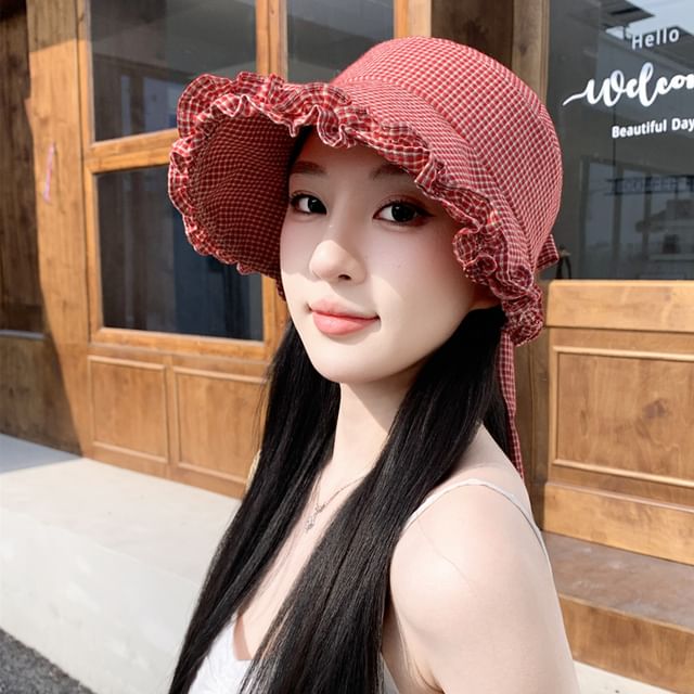 Pompabee-Plaid Ruffle Bucket Hat