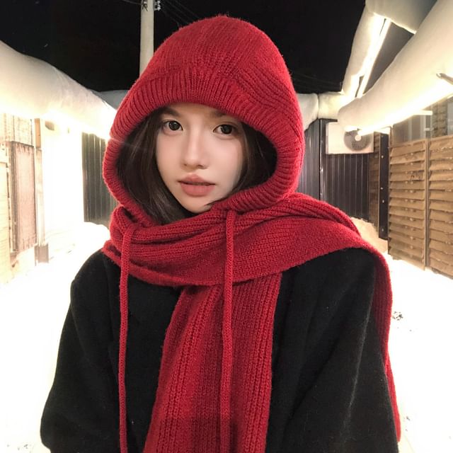 Pompabee-Plain Knit Hooded Scarf