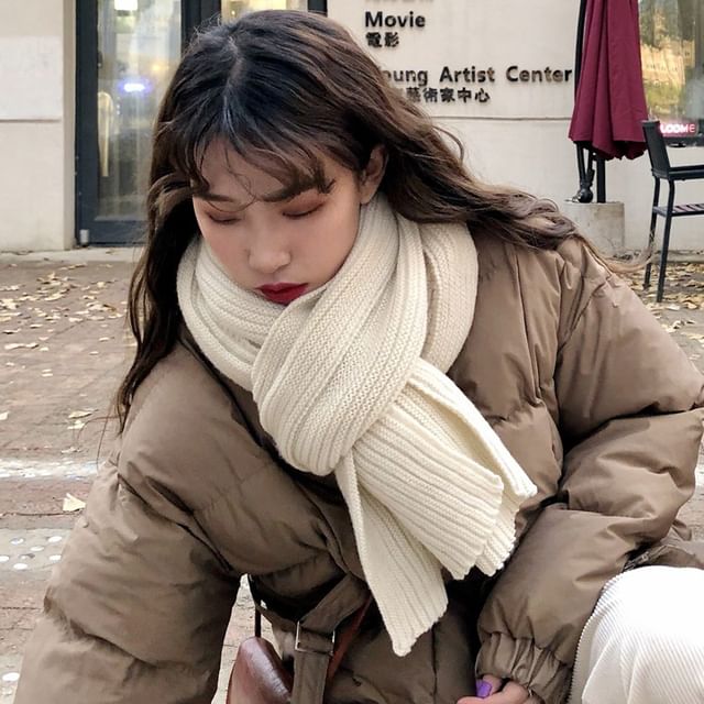 Pompabee-Plain Ribbed Knit Scarf