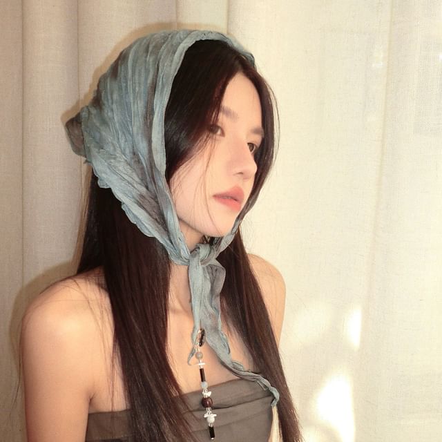 Pompabee-Shirred Linen Cotton Triangle Head Scarf