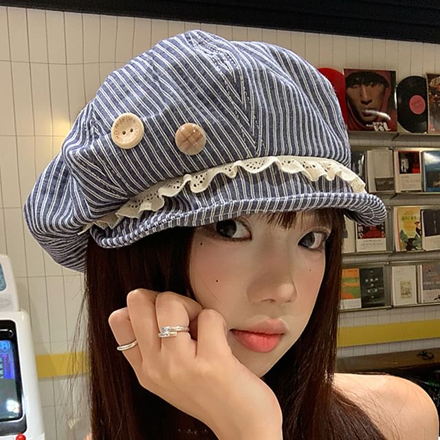 Pompabee-Striped Beret Hat