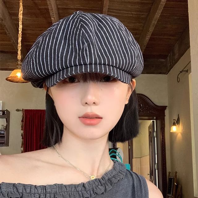 Pompabee-Striped Newsboy Cap