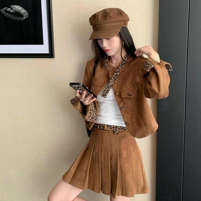Porstina-Band Collar Leopard Patterned Panel Faux Suede Button Jacket High Rise Pleated Mini A-Line Skirt Belt Set
