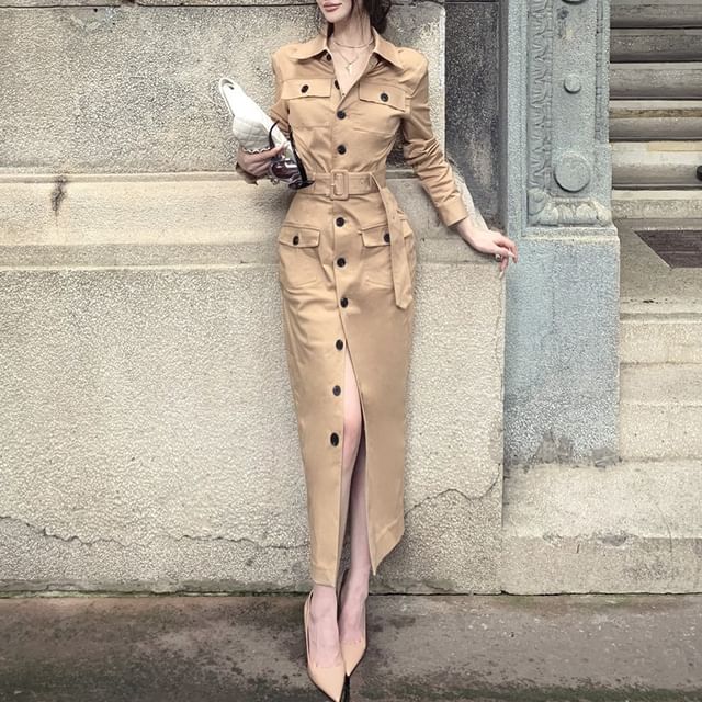 Porstina-Collared Button-Up Plain Long Coat