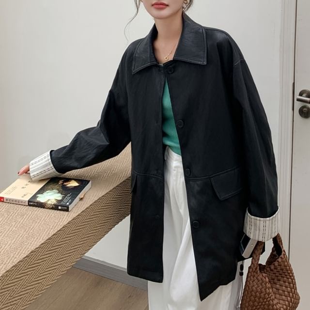 Porstina-Collared Faux Leather Button-Up Coat