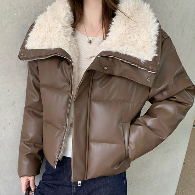 Porstina-Collared Fluffy Panel Faux Leather Zip Puffer Jacket
