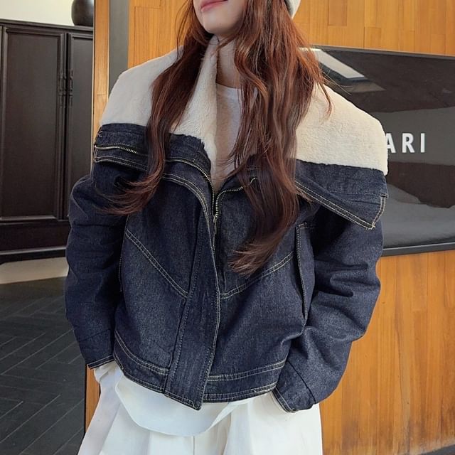 Porstina-Collared Fluffy Panel Zip Denim Jacket