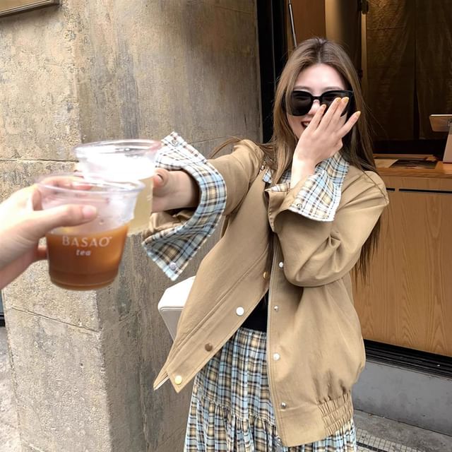 Porstina-Collared Plaid Panel Button Jacket