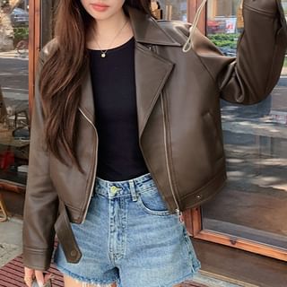 Porstina-Collared Plain Faux Leather Zip Biker Jacket