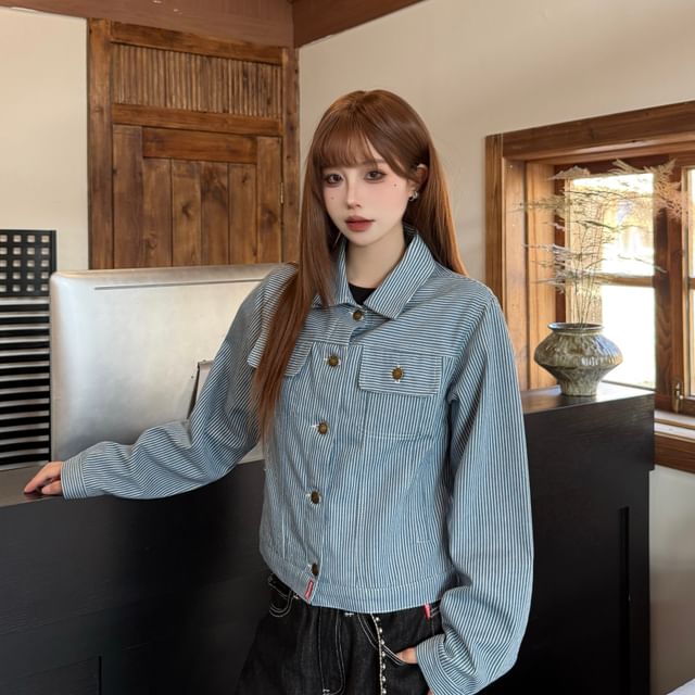 Porstina-Collared Striped Button-Up Denim Jacket