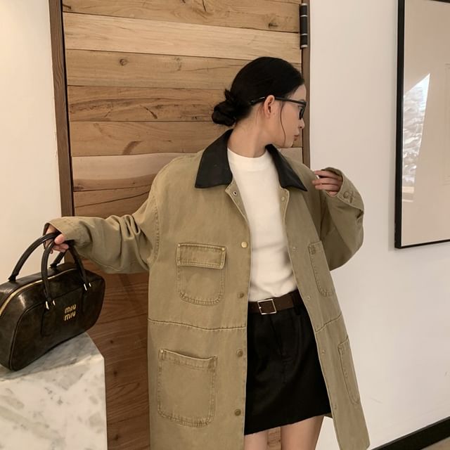 Porstina-Contrast Collar Button-Up Denim Barn Jacket