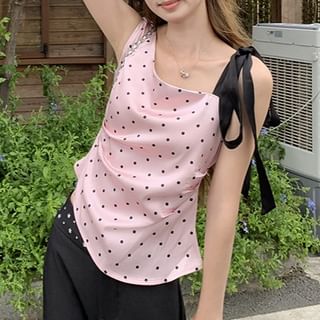 Porstina-Dotted Knot Ruched Tank Top