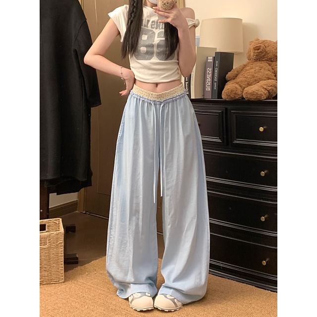Porstina-Drawstring Waist Gingham Panel Baggy Pants