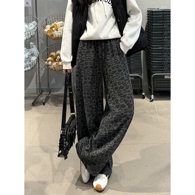 Porstina-Drawstring Waist Leopard Patterned Fleece-Lined Wide Leg Pants Various Designs
