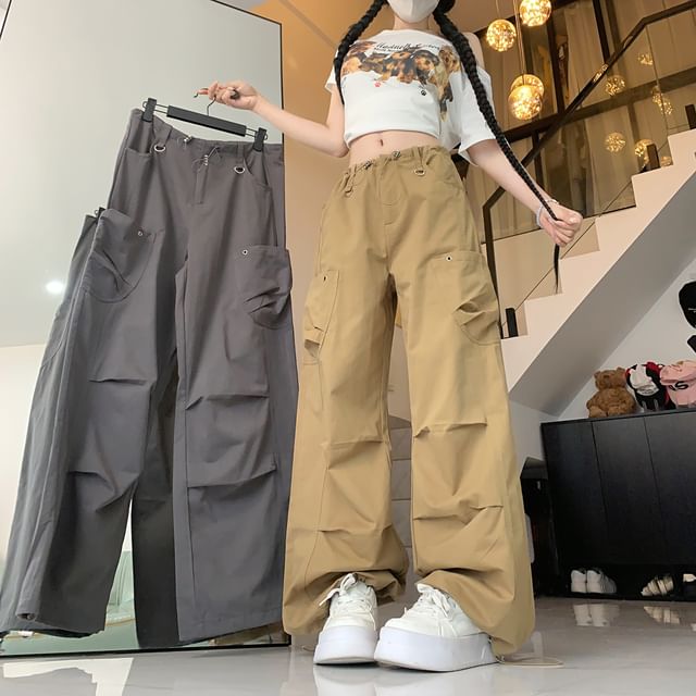 Porstina-Drawstring Waist Plain Baggy Cargo Pants