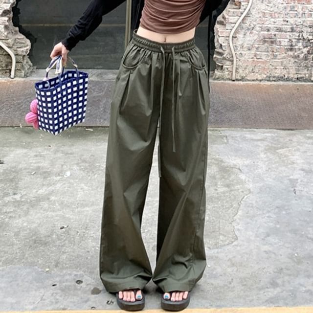 Porstina-Drawstring Waist Plain Baggy Pants