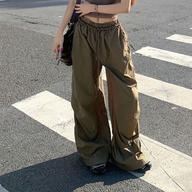 Porstina-Drawstring Waist Plain Ruched Baggy Pants