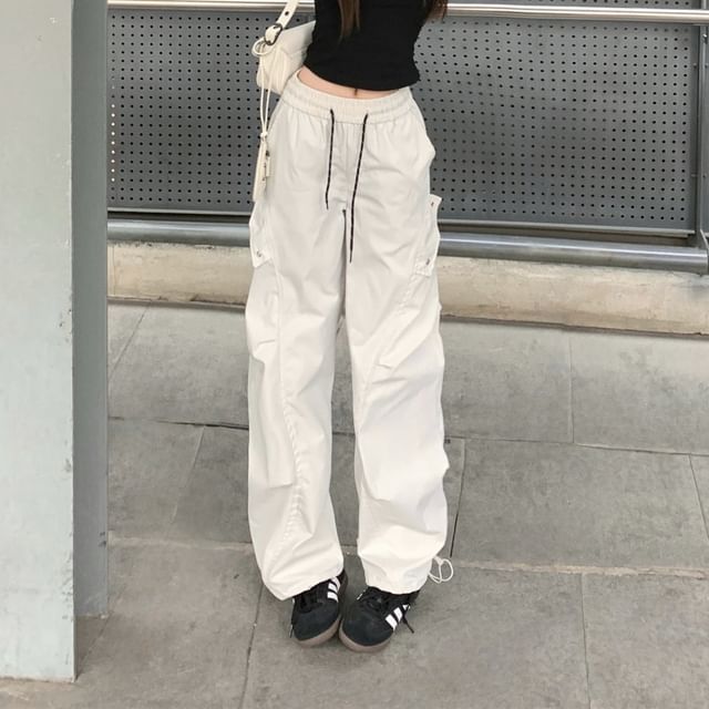 Porstina-Drawstring Waist Plain Wide Leg Cargo Pants