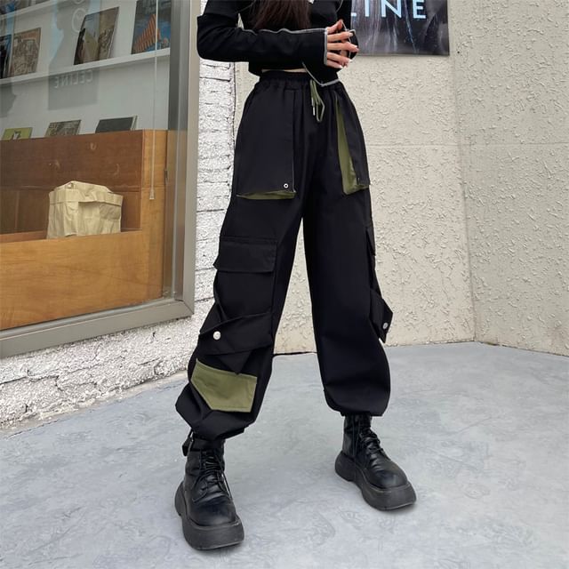 Porstina-Drawstring Waist Two Tone Harem Cargo Pants